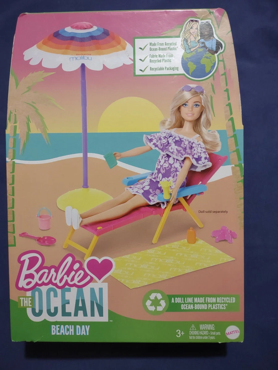 New Barbie Loves the Ocean Beach Day Playset Lounge Chair Umbrella Accessories