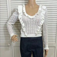 For Love  Lemons Pearl V - Neck Cropped  Ruffled Sweater White XS