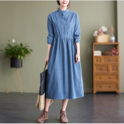 Ethnic Women Corduroy Dress Retro Asian Midi Frog Button Long Sleeve Casual  | eBay