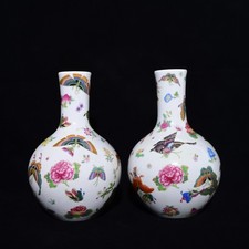 A Pair Rare Collectable Chinese Hand Famille Rose Porcelain Butterfly Vase