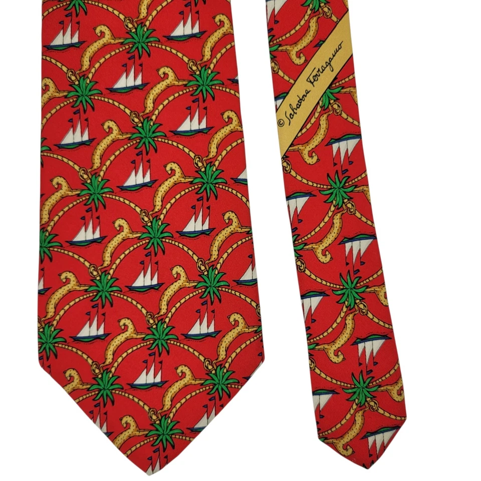 Gravata Salvatore Ferragamo Itália vela tropical 100% seda desgaste no pescoço nova sem etiquetas - Imagem 3 de 4