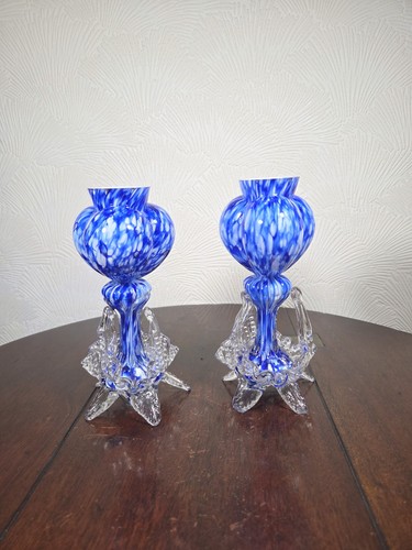 Antique Victorian Franz Welz Bohemian Art Glass Tri Lobed Heart Shaped Vases - Picture 6 of 23
