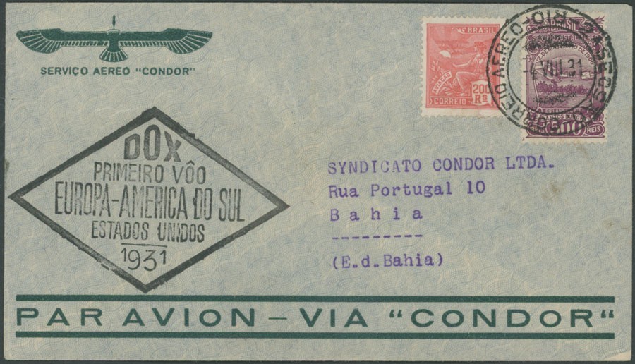 1931, BRAZIL, DORNIER DO-X PIONEER FLIGHT COVER FROM RIO DE JANEIRO TO BAHIA