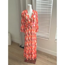Donna Morgan Women Coral Pink Retro Geometric V-Neck Maxi Dress Size 10 NEW