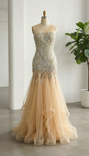 Champagne Gold Beaded Sequin Sweetheart Tulle Mermaid Trumpet Wedding Dress