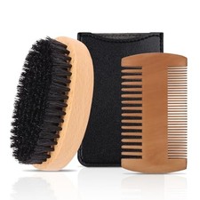 Men's Beard Brush Kit with Pearwood Comb and Boar Bristle Beard Brush, Beard