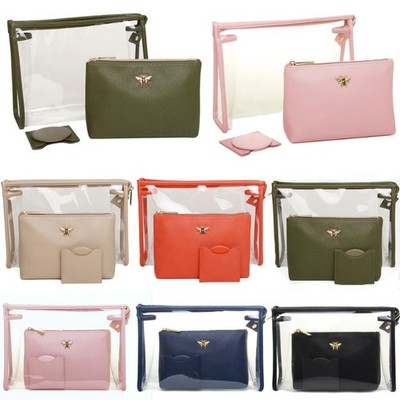 Alice Wheeler 3tlg Beauty Set Clear Travel Case Vegan Leather Bag Compact Mirror