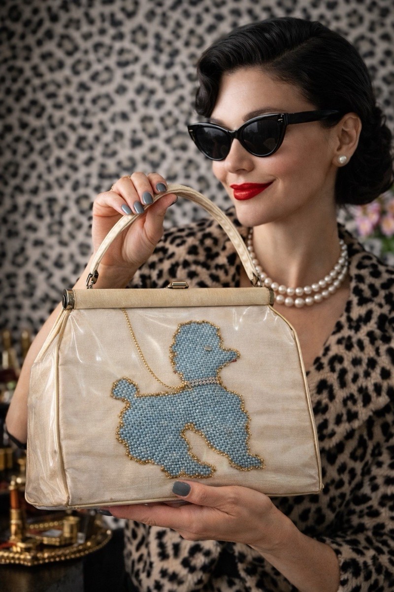 1950s Lucite Clear Plastic Poodle Purse Blue Beaded Dog Handbag