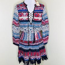 Raga Mini Dress Small Multicolor Smocked Bohemian Fringe Lace Up Floral Blue New