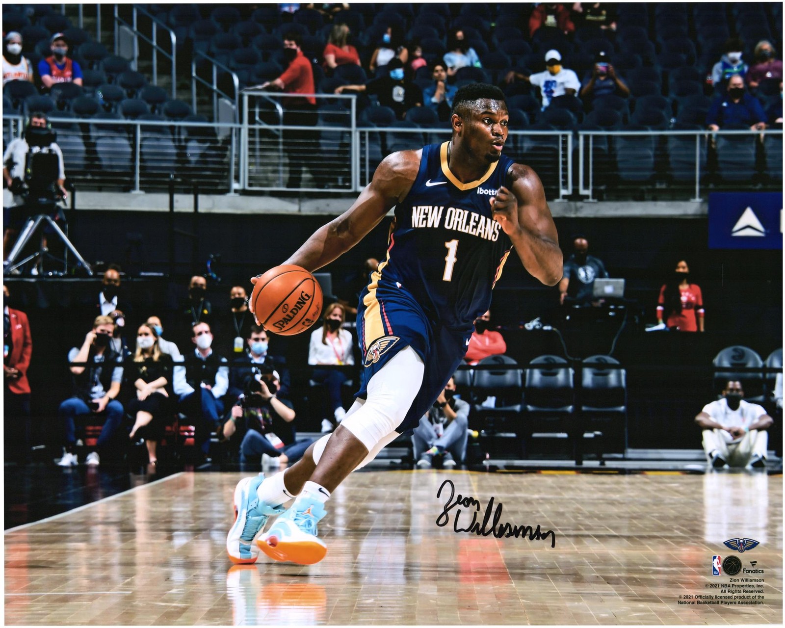 Zion Williamson Autographed Signed New Orleans Pelicans 16x20 Dribbling In Navy Jersey Photo 