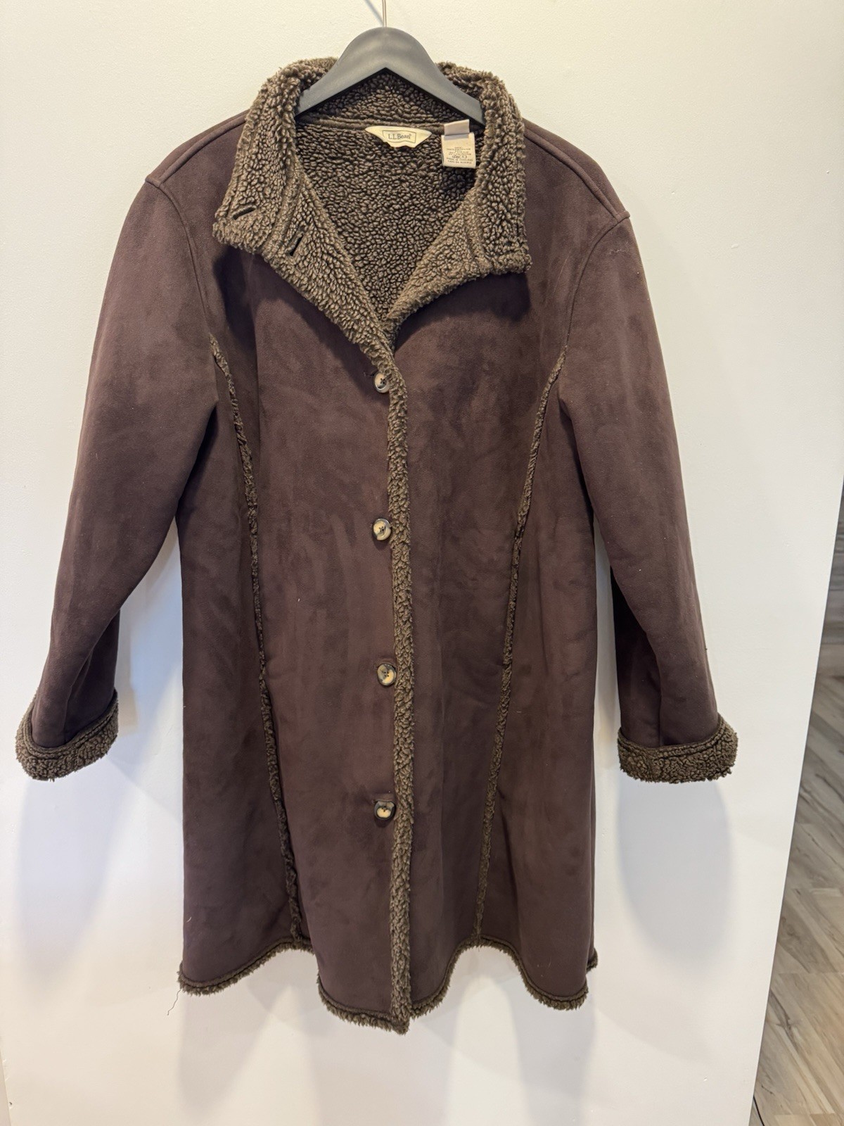 L.L. Bean Women's Brown Faux Suede Sherpa Lined Coat Size XL Petite Button Down