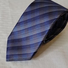 Perry Ellis Portfolio Striped Tie Blue Gray 100 Silk Woven Logo Pointed