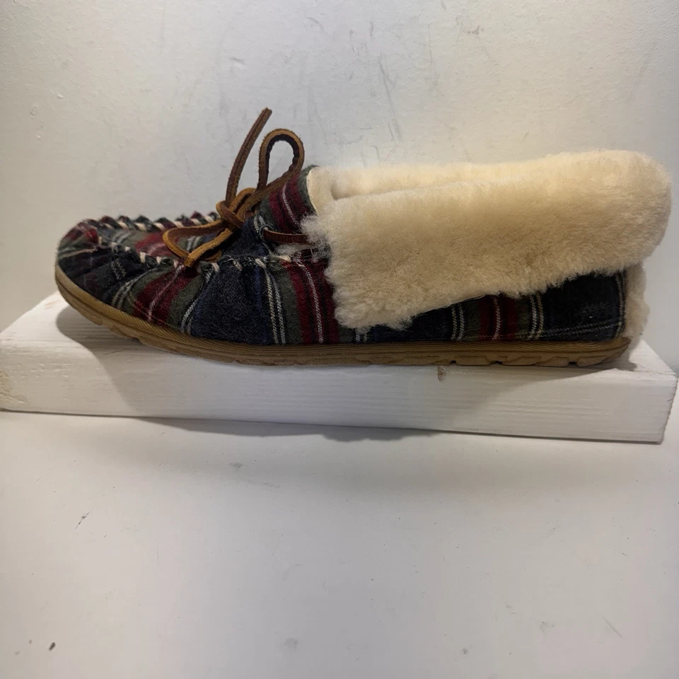 Chinelos femininos LL Bean Wicked Good tamanho 10 mocassins xadrez de pele vermelho - Imagem 4 de 4