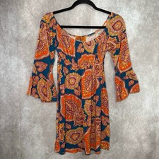VOOM By Joy Han Mini Dress Womens Medium Orange Paisley Bohemian Bell Sleeve