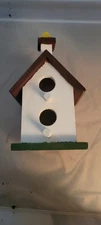 Wood Small Birdhouse Double Hole Painted White  Brown  And Yellow, Wood