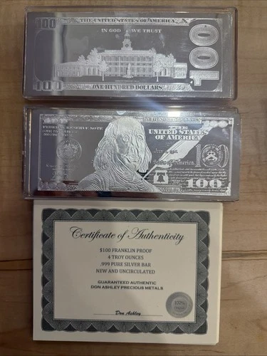 4 OZ .999 SILVER PROOF BAR BEN BENJAMIN FRANKLIN $100 SILVER BAR W/COA