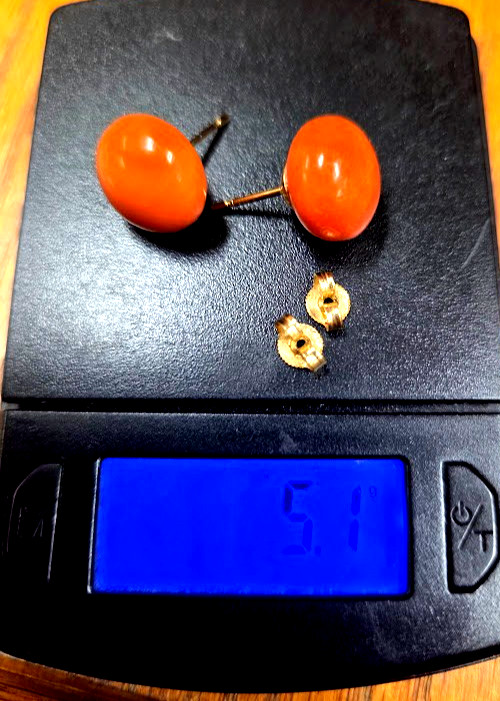 14K SOLID GOLD ORANGE BAKELITE PIERCED EARRINGS B… - image 1