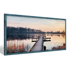 Lake Pier Framed Wall Art: Sunset Dock Scene Wood Painting Landscape Picture ...