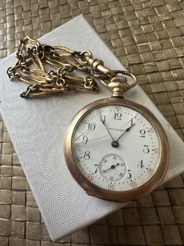 Antique Waltham Pocket Watch Gold Filled Case Small Seconds Vintage With Chain