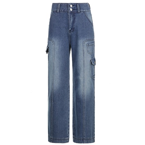 Pantalones de mezclilla rectos informales de cintura alta sueltos de moda con múltiples bolsillos para mujer - Imagen 19 de 39