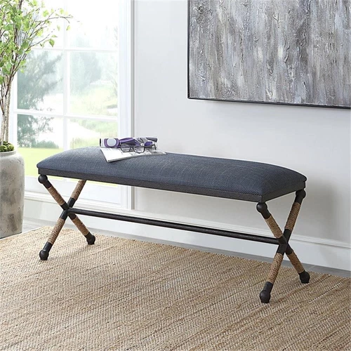 Uttermost Firth Coastal Iron MDF and Fabric Bench in Natural/Navy Blue - Picture 2 of 9