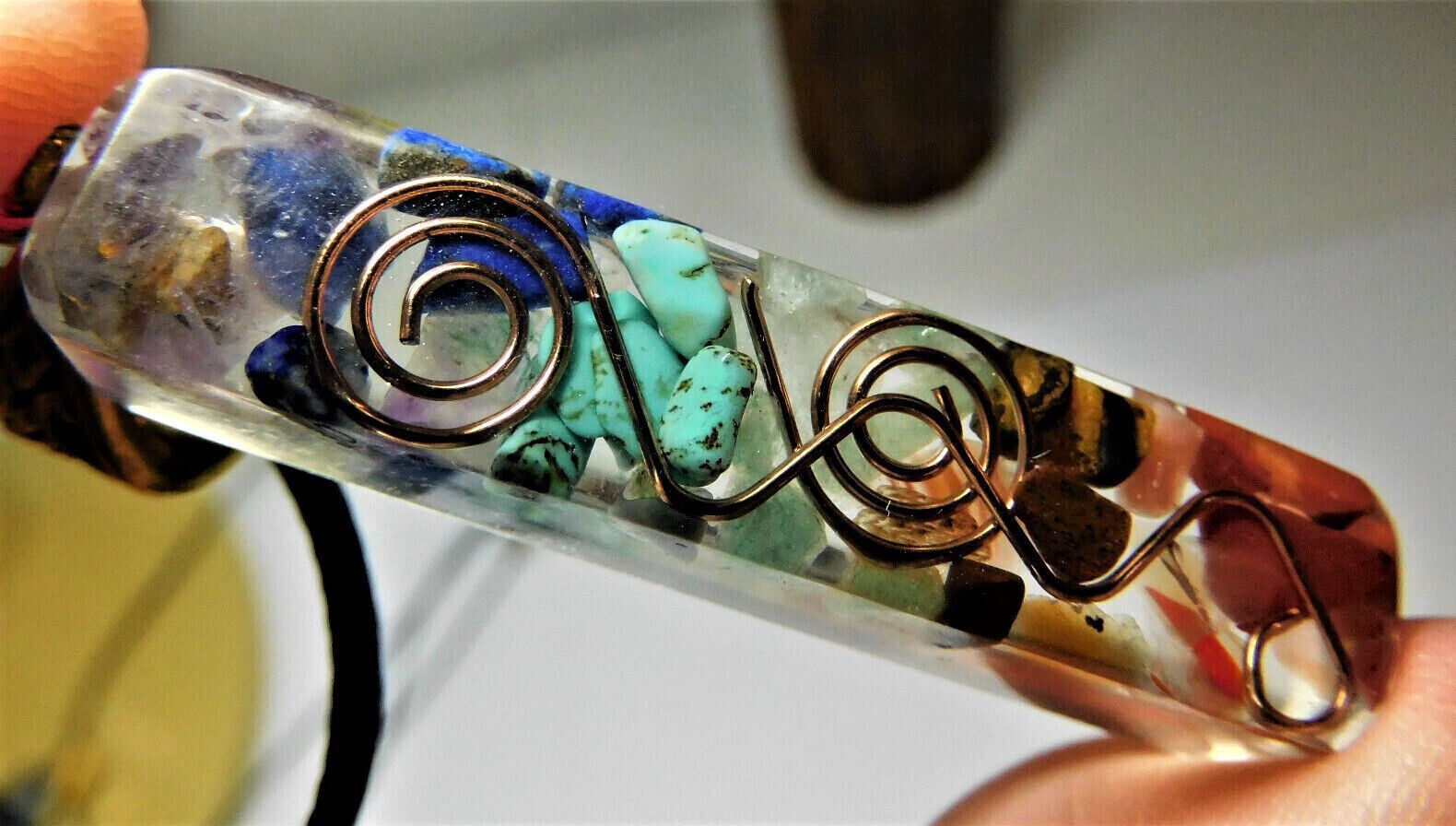 Resin Pendant with Natural Stones and Copper Sacred Spiral Coil