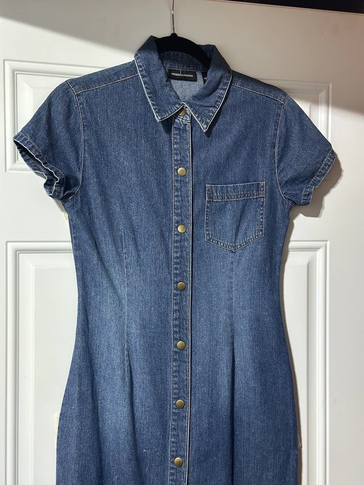 Maxi Vestido Vintage Años 90 Y2K Moda Internacional Denim Perla A Presión Talla XS Foto 2 de 4