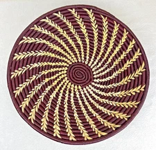 Hand Woven Basket Swirl Pattern Wall Hanging Maroon And Cream 13” Boho Decor