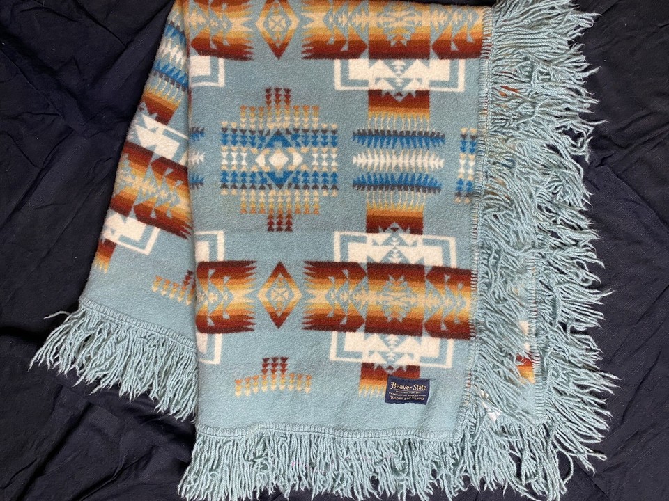 Pendleton Beaver State Chief Joseph Wool Baby Crib Blanket Aqua Fringe