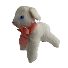 Vintage White Lamb Sheep Plush Big Blue Eyes Vintage Pink Bow Easter Decor 60's