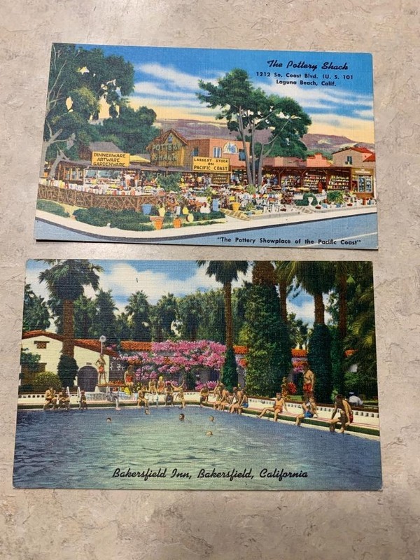 (2) Bakersfield Inn & Pottery Shack Laguna Beach California Postcards SKU# 33174