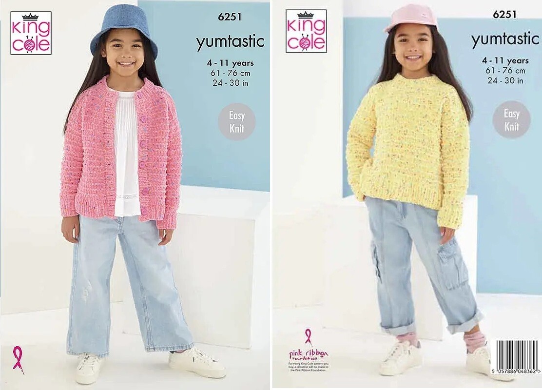 King Cole Yumtastic Knitting Pattern - 6251 Sweater & Cardigan (2 Designs)