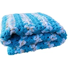 Baby Blanket Crochet Chenille Lap Blanket Blue 44 x 40 Handmade Granny Core