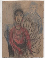 1950s Mid Century Modern Color Pencil Drawing of Lady & Man