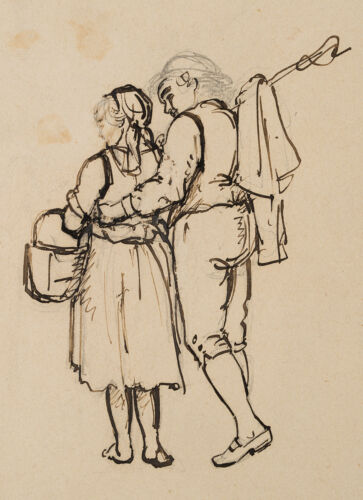 J. MEYER (1813-1886), Junges Bauernpaar, Federzeichnung Romantik Trachten - Bild 1 von 4