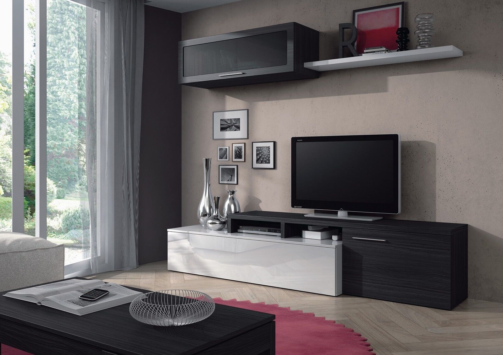 Mueble salón TV modular, color Blanco Brillo y Gris Ceniza 200cm.