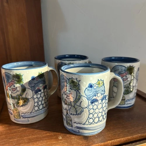 4 Vtg NOS Louisville Stoneware Pottery Mug Snowman Snowballs Winter Mug Frosty