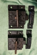 2 Victorian Eastlake Brass T Handle Iron Cabinet Door Latches Matching W Catches