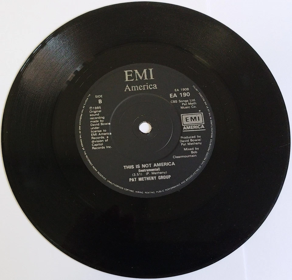 David Bowie Pat Metheny Group This Is Not America 7" Vinyl 45rpm EMI EA190 - Image 3 of 4