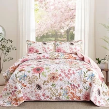  Floral Quilt Set King Size, Sunflower Botanical Colorful King 106"x90" Pink