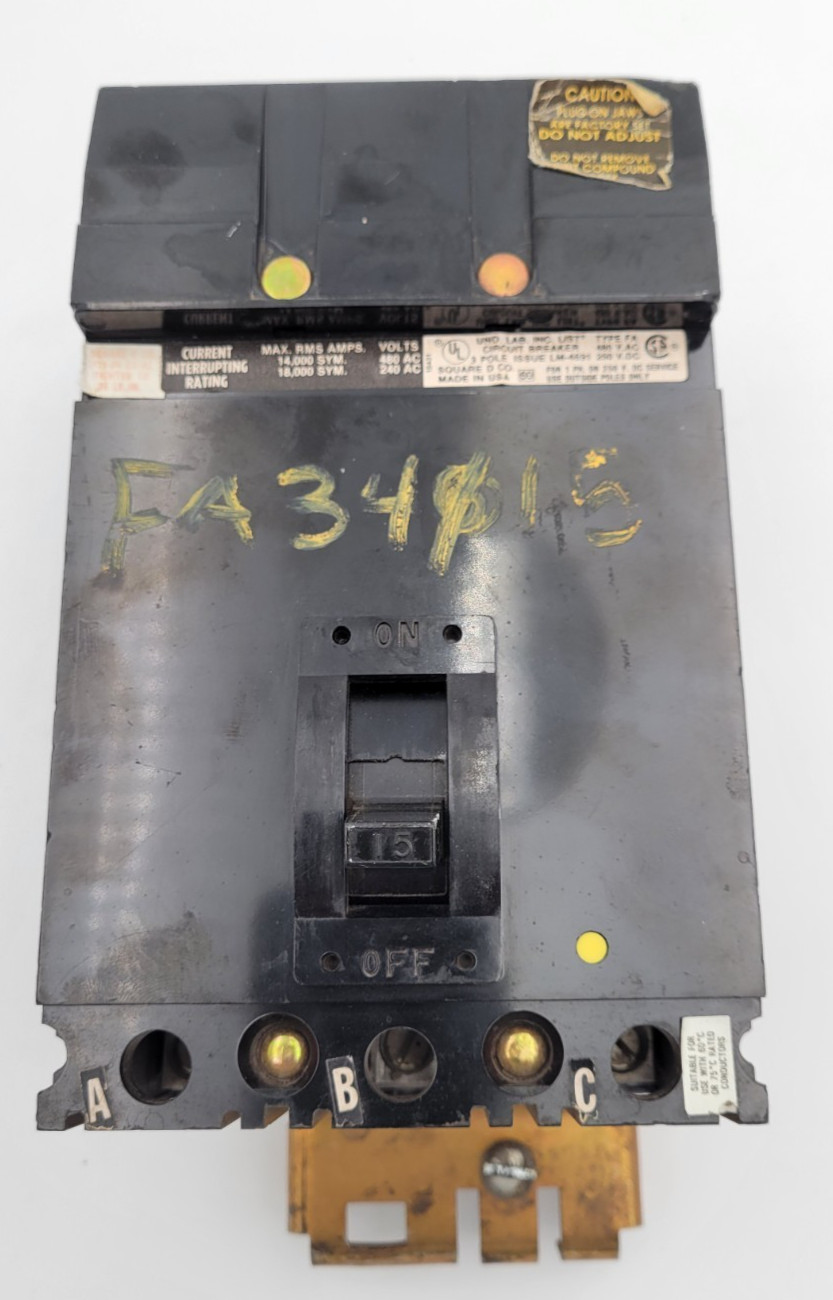 Square D FA34015 15A 3-Pole 3-Phase Circuit Breaker Type FA I-Line Style Plug-On