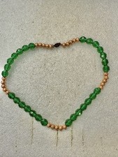 Vtg 1960s Emerald Green Faceted CRYSTAL beaded 17 Necklace Earring Set