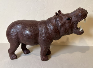 Vintage Hippo Leather Wrapped Statue Tusks Handmade Hippopotamus Figure 13" MCM
