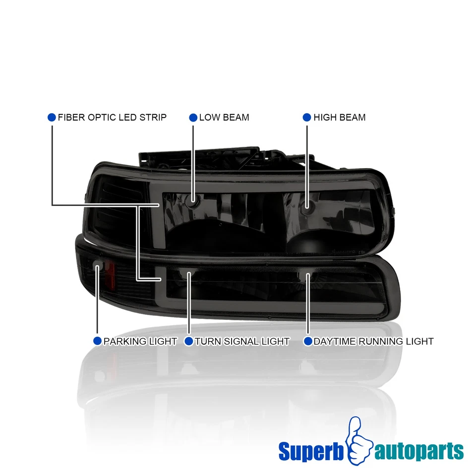 Fits 1999-2002 Silverado 1500 00-06 Tahoe Suburban Black Smoke Headlights LED - Imagem 3 de 4