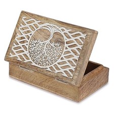 Wooden Decorative Box - Tree of Life Pattern Treasure 8 x 5 Inch White Brown