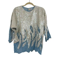 Vintage SILK Top Blue Waves Dolman Sleeves SEQUINS PEARLS All over Sz L NOS