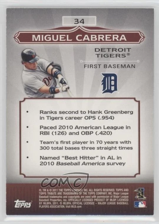 2011 Topps Tribute Miguel Cabrera #34 - Image 2 of 2