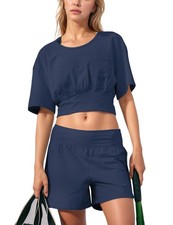 Womens Workout Set 2 Piece Outfits Oversized Cropped Top High Waist Running S...