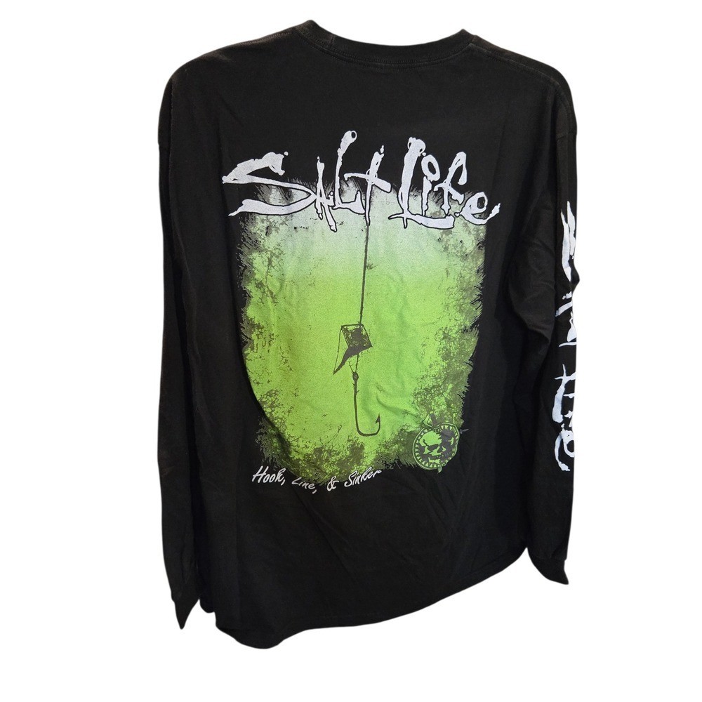 Salt Life Mens Black Long Sleeve Pocket Tee Hook Line Sinker Fishing Shirt Large View 2