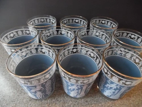 Set of 10 Jeanette Wedgewood Blue Hellenic Beverage Glasses Grecian Pattern